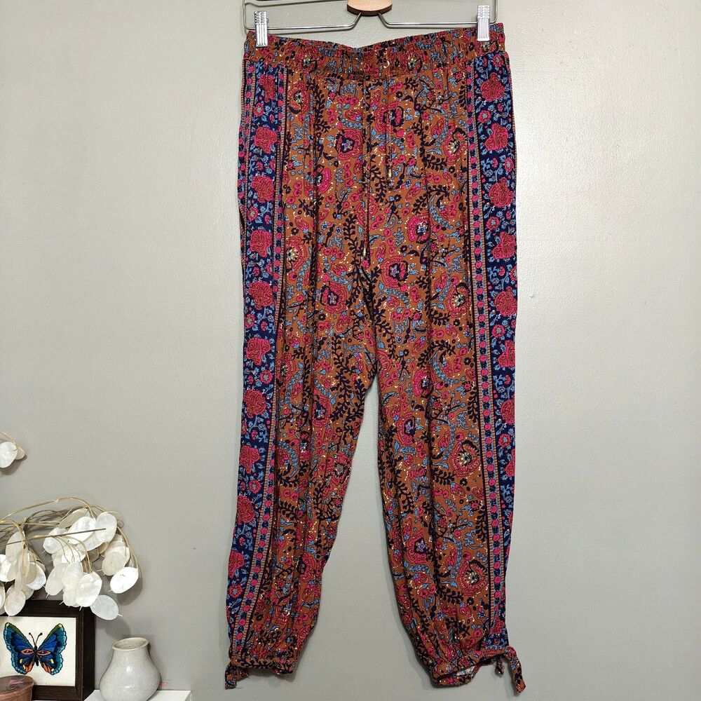 Haute Hippie Boho Harem Pants Womens Size Medium Floral Elastic Waist Tie Cuffs